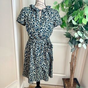 LOFT Floral Tie-Waist Ruffle Neck Short Sleeve Dress Green Sz S